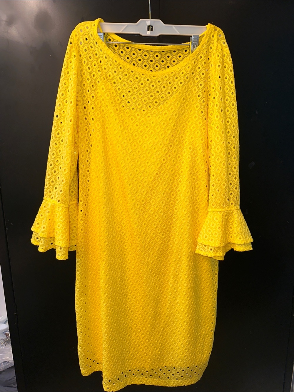 Sandra Darren Bright Yellow Eyelet Shift Dress with Ruffle Sleeves Sz 12